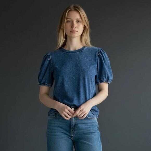 Puff sleeve denim color tshirt - Picture 2 of 10